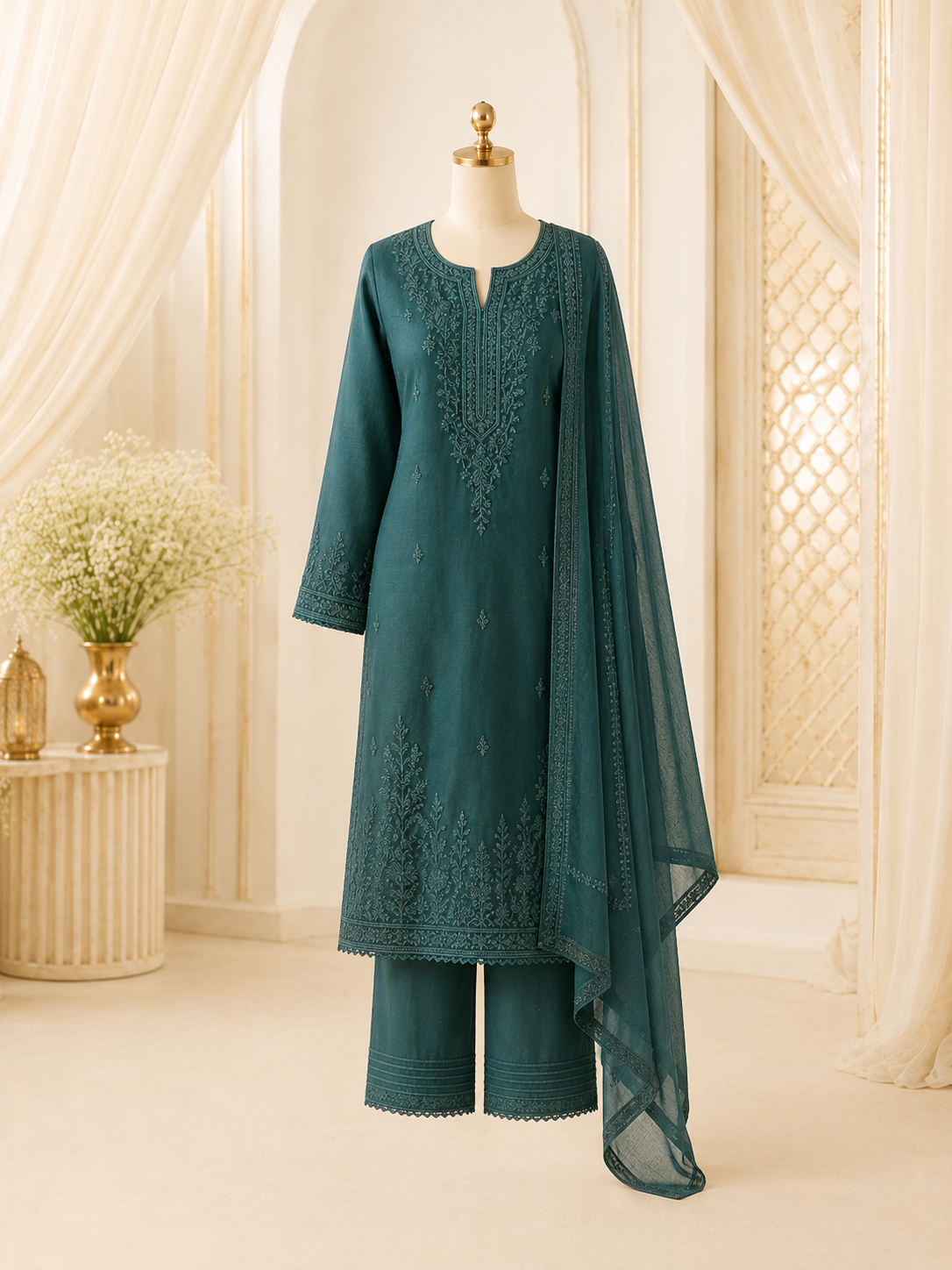 Soft jewel-tone women's kurta set in a bright ivory setting — South Asian casual wear