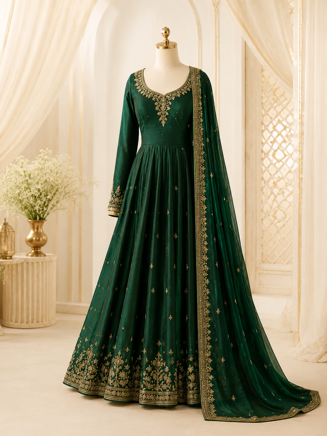 Emerald formal anarkali on a soft ivory studio backdrop — South Asian formal wear