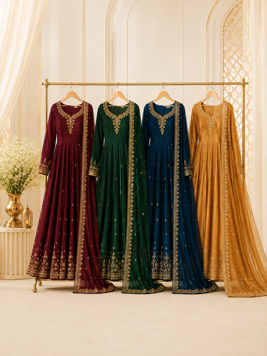 Jewel-toned eastern outfits on a gold rail against an ivory wall — new arrivals