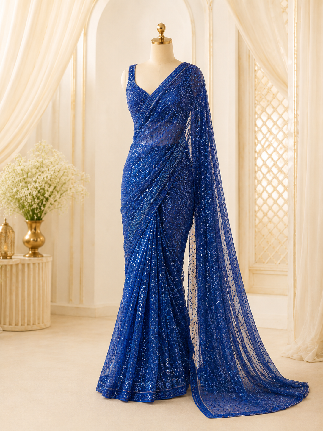 Sapphire sequinned saree on a champagne backdrop — South Asian party wear