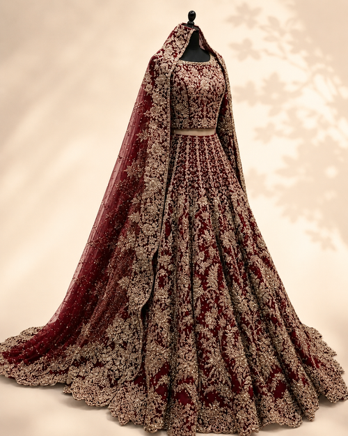 Carnelian Bridal Lehenga 3-Piece Set in deep maroon with dense gold floral embroidery and a scalloped hem, shown on a mannequin with the matching dupatta draped over the head