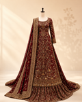 Garnet Bridal Lehenga 3-Piece Set in deep maroon with antique-gold embroidery, shown on a mannequin with the matching embroidered dupatta draped at the shoulder