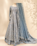 Sapphire Bridal Anarkali 3-Piece Set in dusty blue with silver embroidery, full front view of the gown layered over the lehenga with matching dupatta
