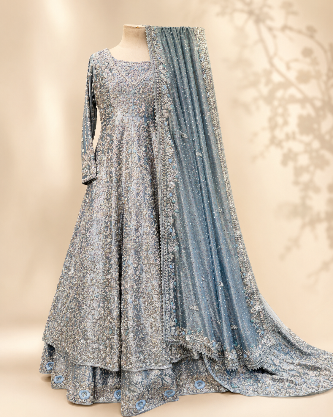 Sapphire Bridal Anarkali 3-Piece Set in dusty blue with silver embroidery, full front view of the gown layered over the lehenga with matching dupatta