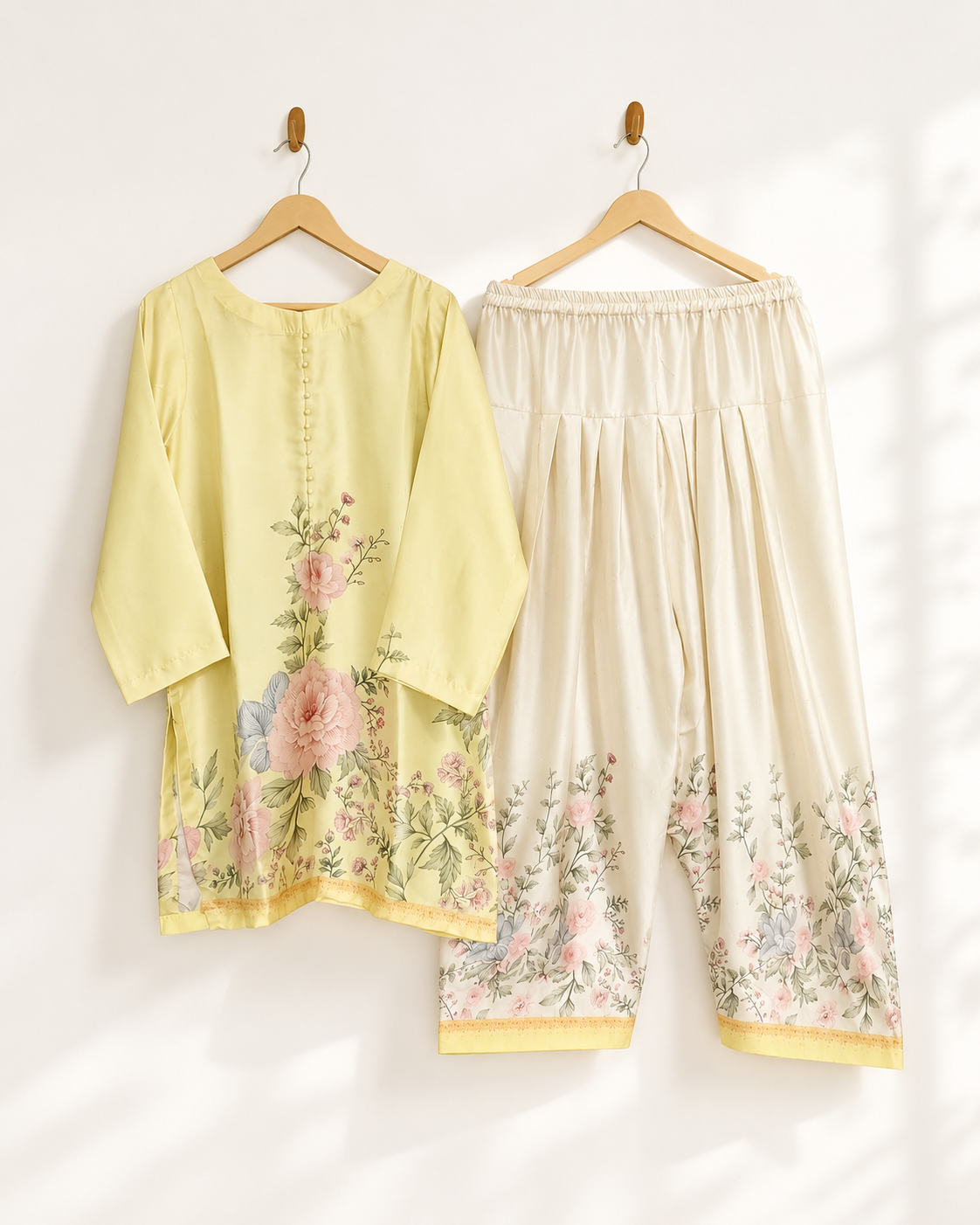 Citrine Rose two-piece suit — lemon-yellow kurta with blush rose and peony print and ivory floral wide-leg trousers