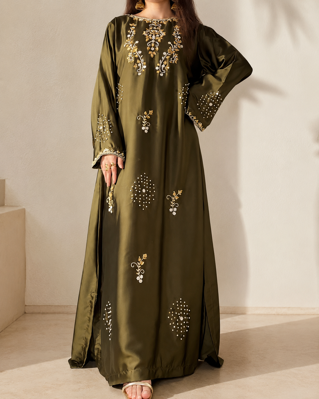 Zarina embellished maxi dress in olive green — gold zari and pearl embroidery, full front view