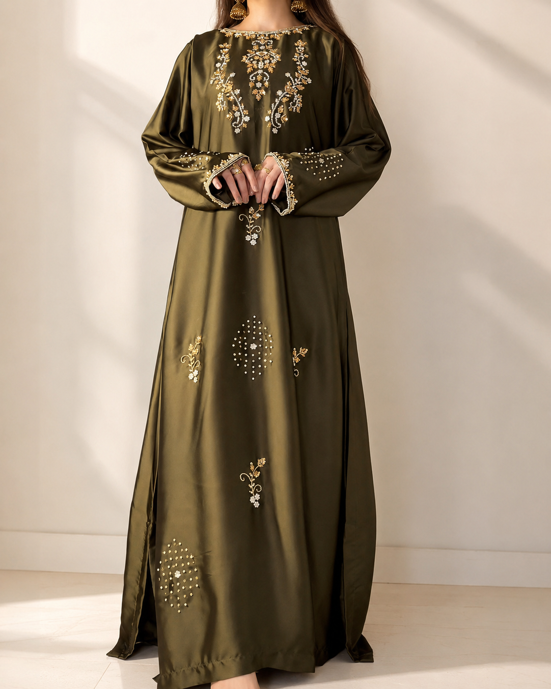 Zarina olive green embellished maxi dress — front view with gold embroidery