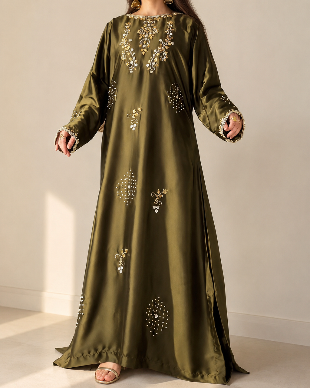 Zarina olive green embellished maxi dress — gold and pearl embroidery detail