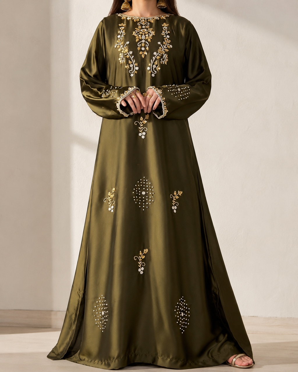 Zarina olive green embellished maxi dress — front styling