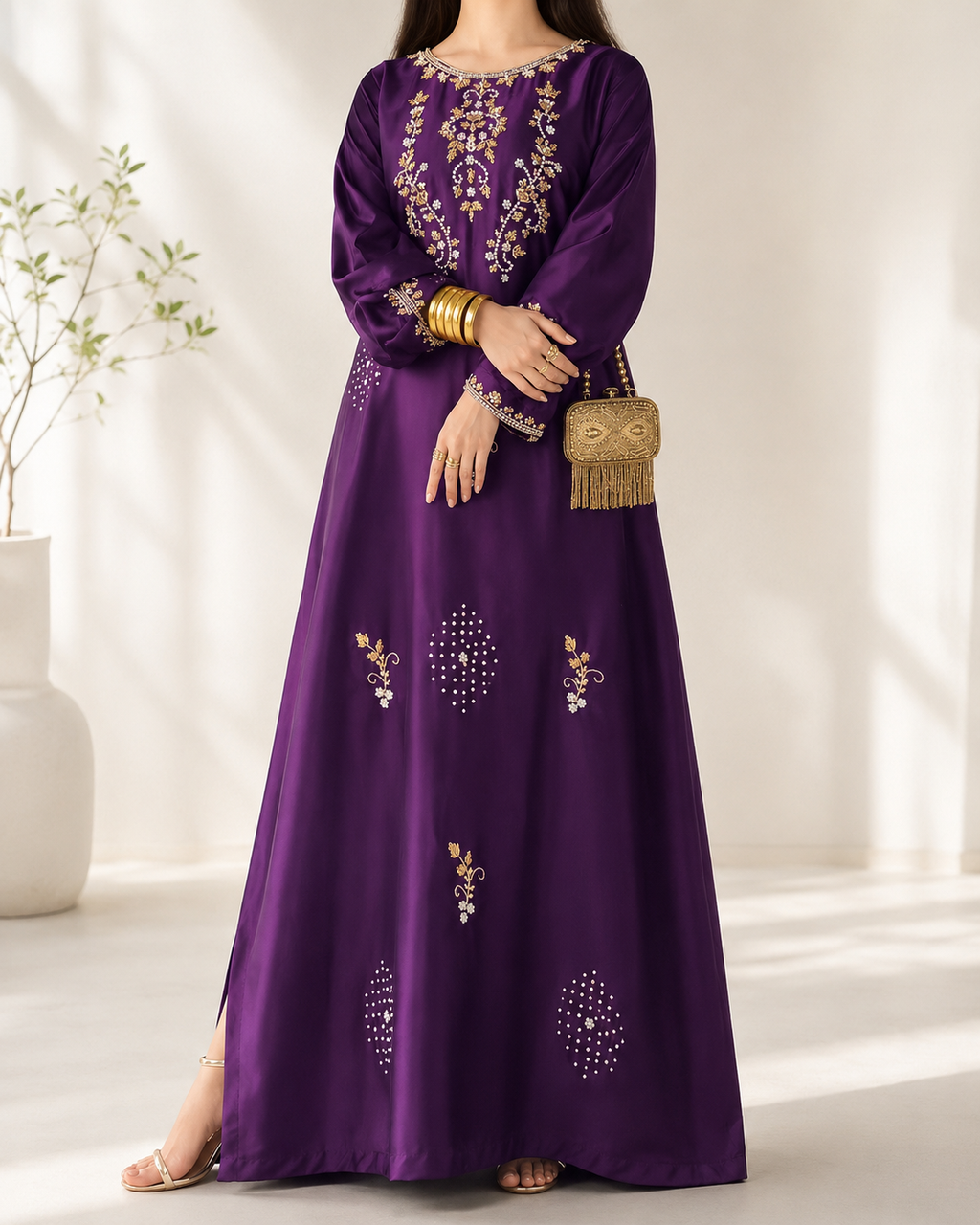 Zarina embellished maxi dress in purple — gold zari and pearl embroidery, full front view