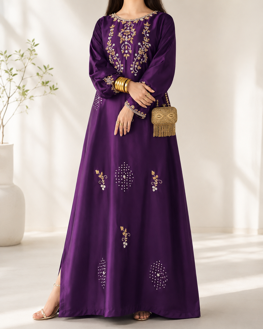 Zarina embellished maxi dress in purple — gold zari and pearl embroidery, full front view