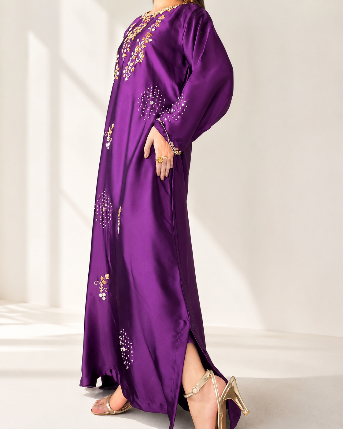 Zarina purple embellished maxi dress — gold embroidery and sleeve detail