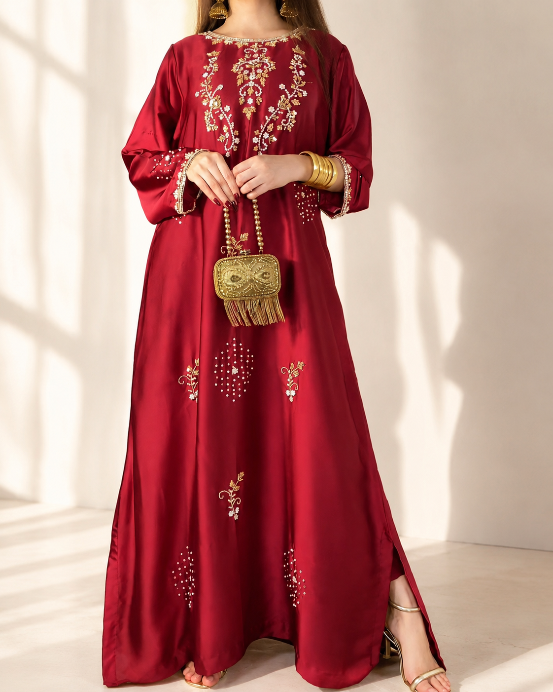 Zarina embellished maxi dress in red — gold zari and pearl embroidery, full front view