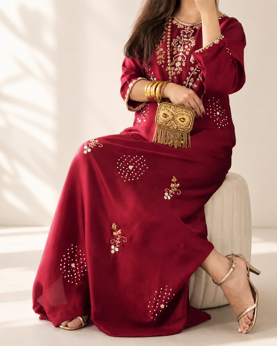 Zarina red embellished maxi dress — seated styling