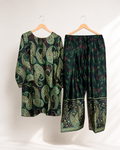 Jade Paisley two-piece suit — deep green kurta with jade and gold paisley print and botanical wide-leg trousers with paisley hem border
