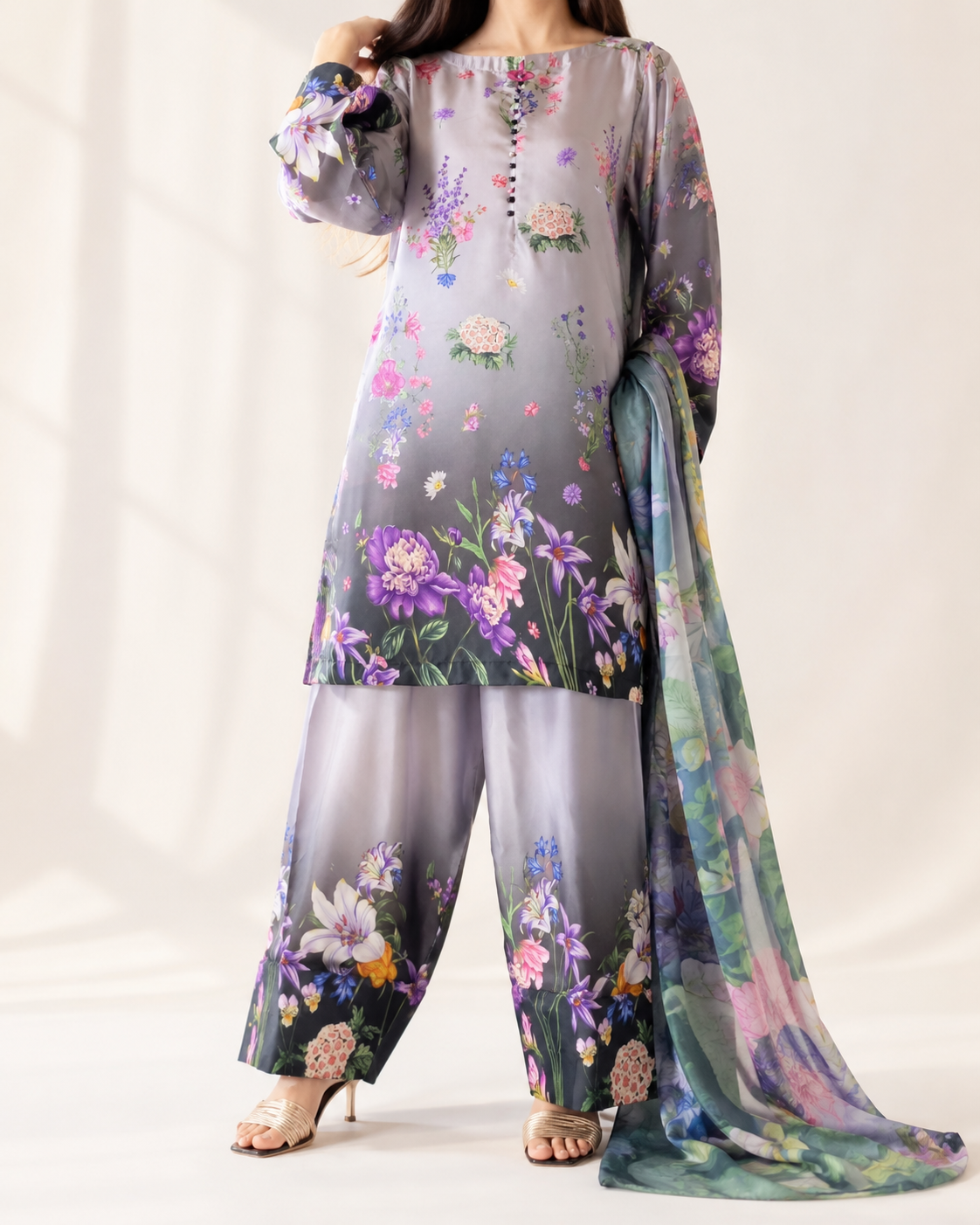 Amethyst Garden lilac floral three-piece suit — full front view with chiffon dupatta