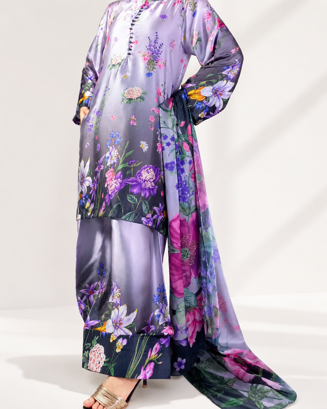 Side view showing the printed chiffon dupatta drape of the lilac floral suit