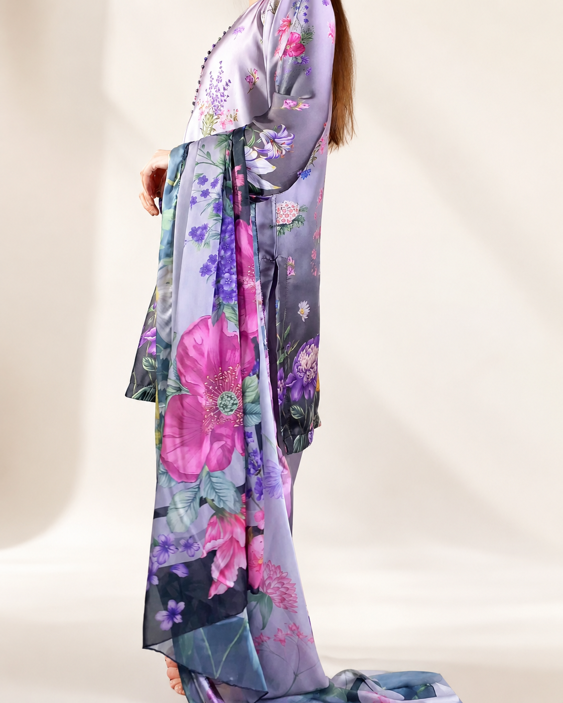 Side profile of the Amethyst Garden lilac floral three-piece suit