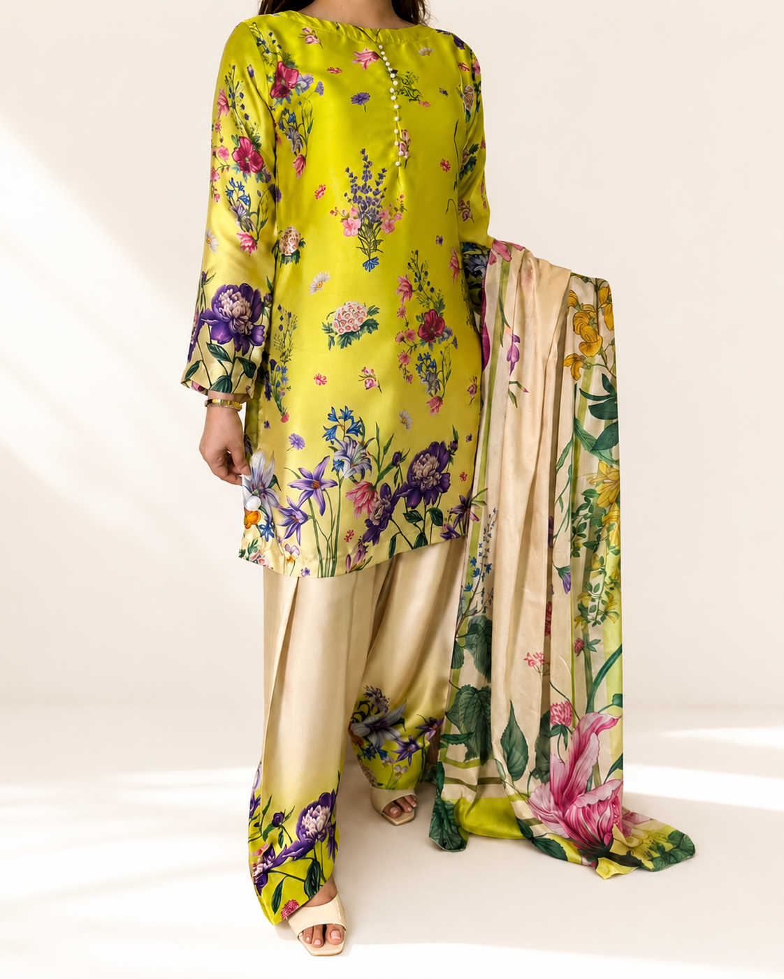 Meadow Bloom lime floral three-piece suit — front view with printed dupatta