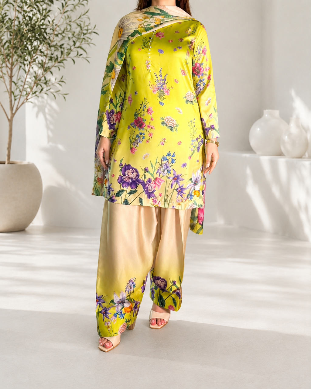 Lime floral printed kameez, shalwar and matching dupatta — front styling