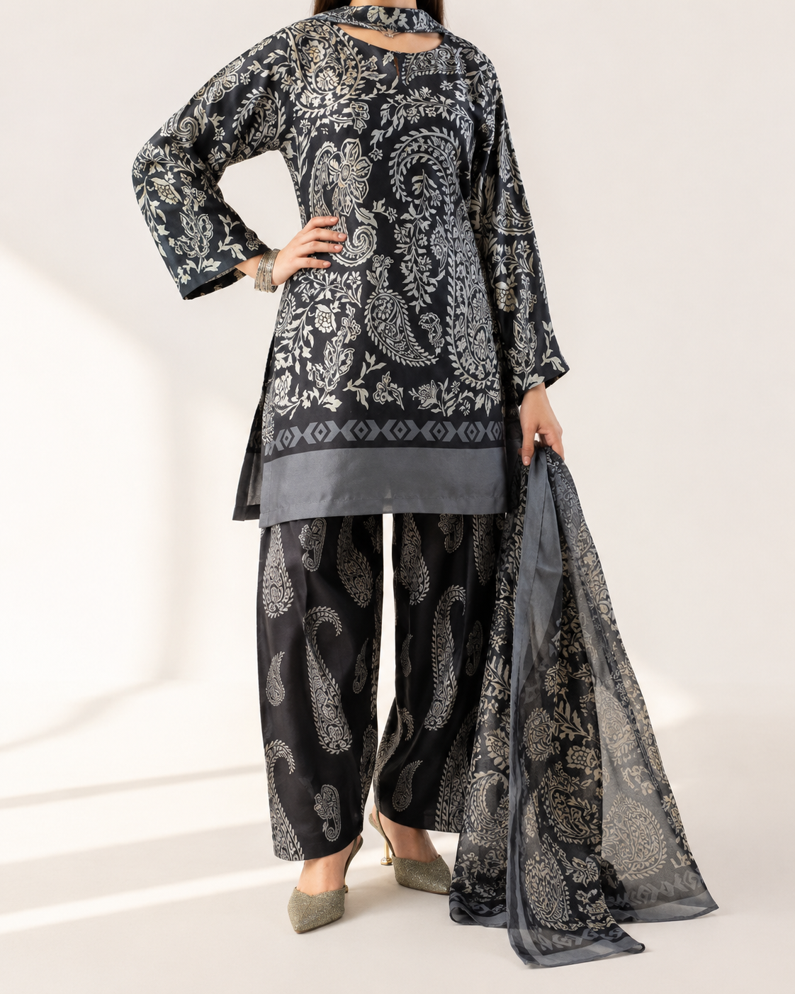 Onyx Paisley black and silver paisley-print three-piece suit — full front view