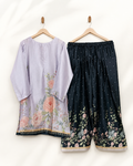 Orchid Dusk two-piece suit — dotted lavender kurta with peach rose print and black dotted floral wide-leg trousers