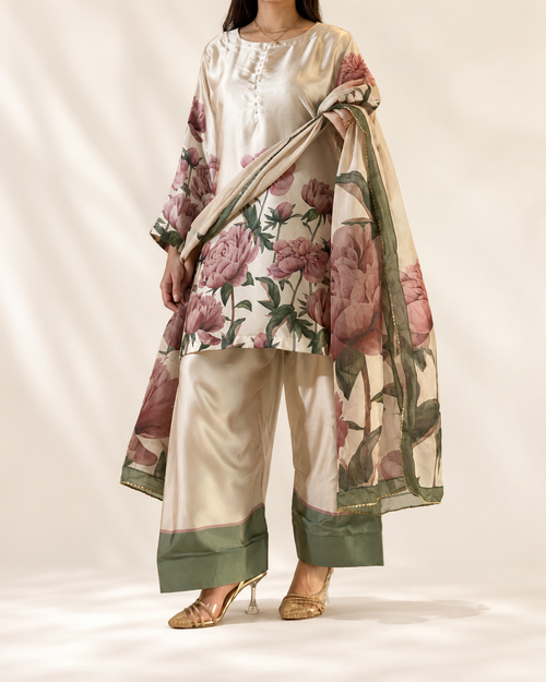 Blush Peony ivory floral three-piece suit — full front view with organza dupatta