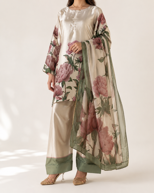 Ivory peony printed kameez, shalwar and organza dupatta with sage-green border — front styling