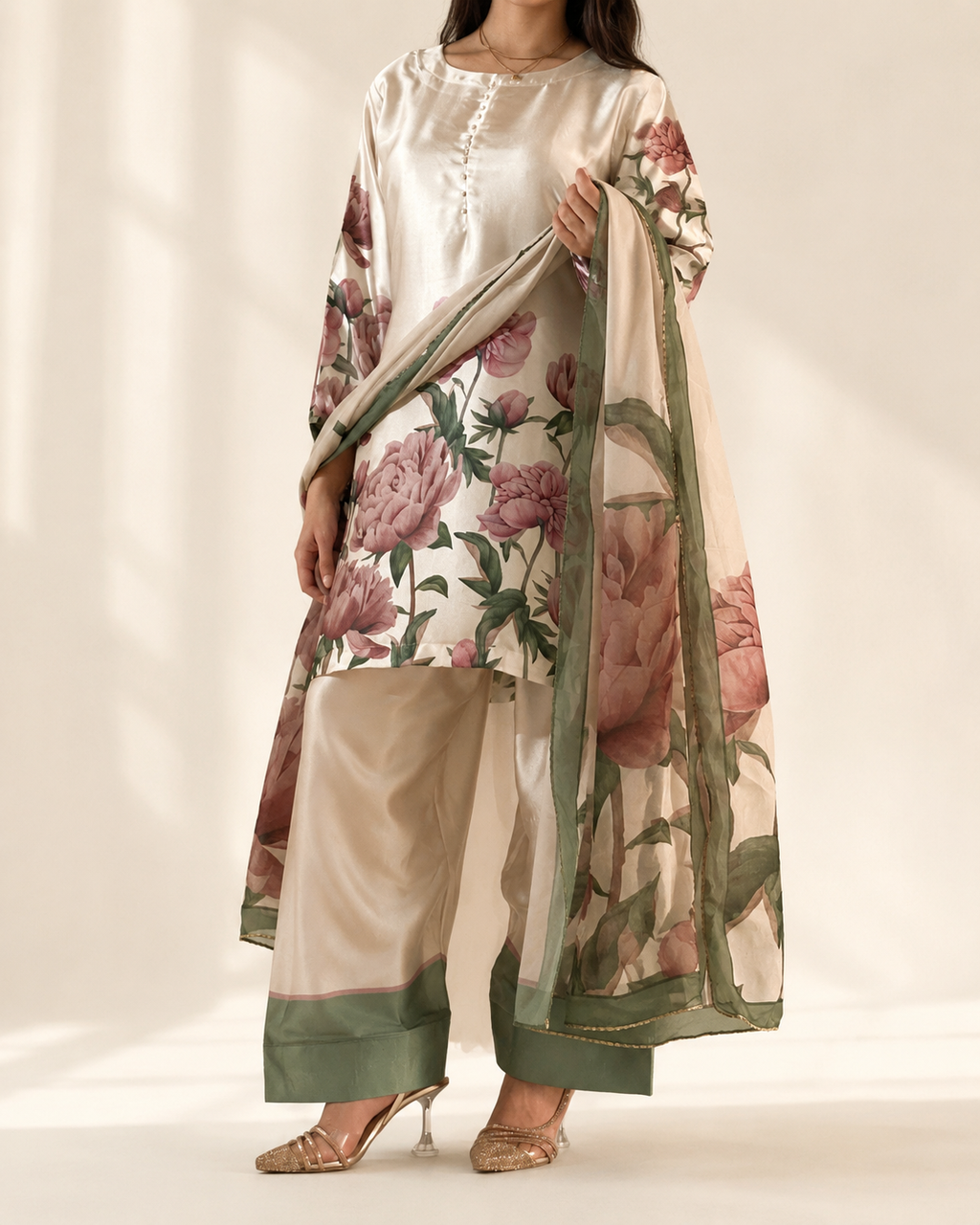 Blush Peony ivory three-piece suit with draped organza peony dupatta