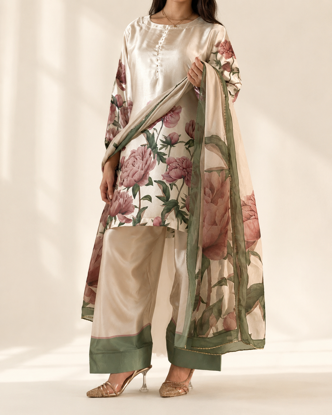 Blush Peony ivory three-piece suit with draped organza peony dupatta