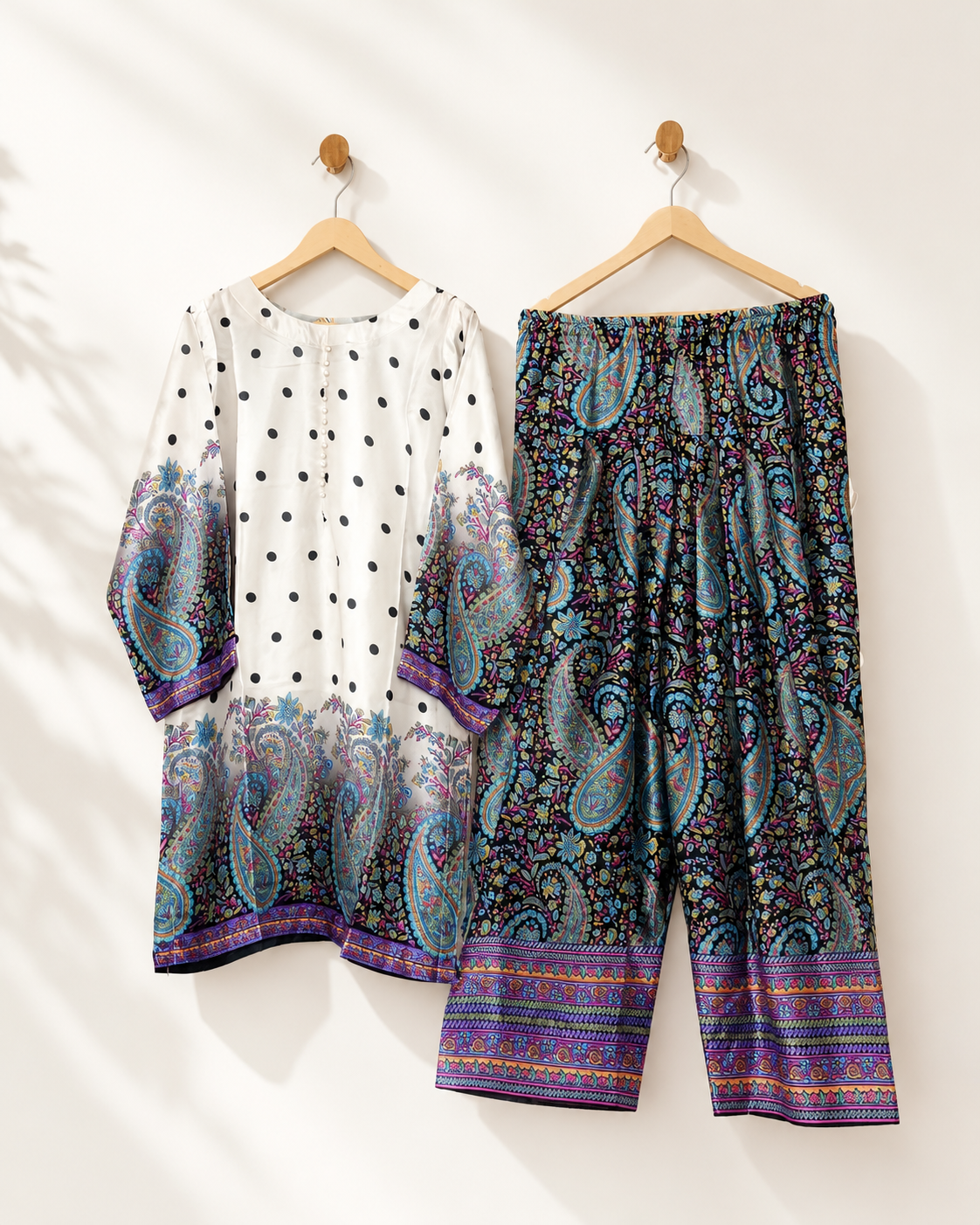 Porcelain Paisley two-piece suit — ivory polka-dot kurta with jewel-toned paisley borders and black paisley wide-leg trousers