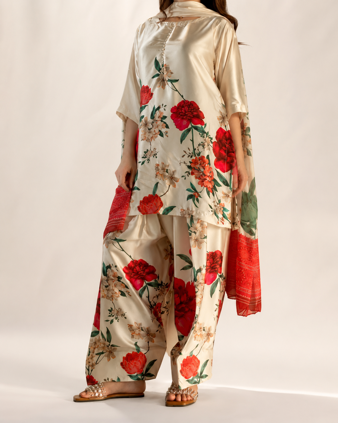 Scarlet Rose ivory floral three-piece suit — full front view with red-bordered dupatta