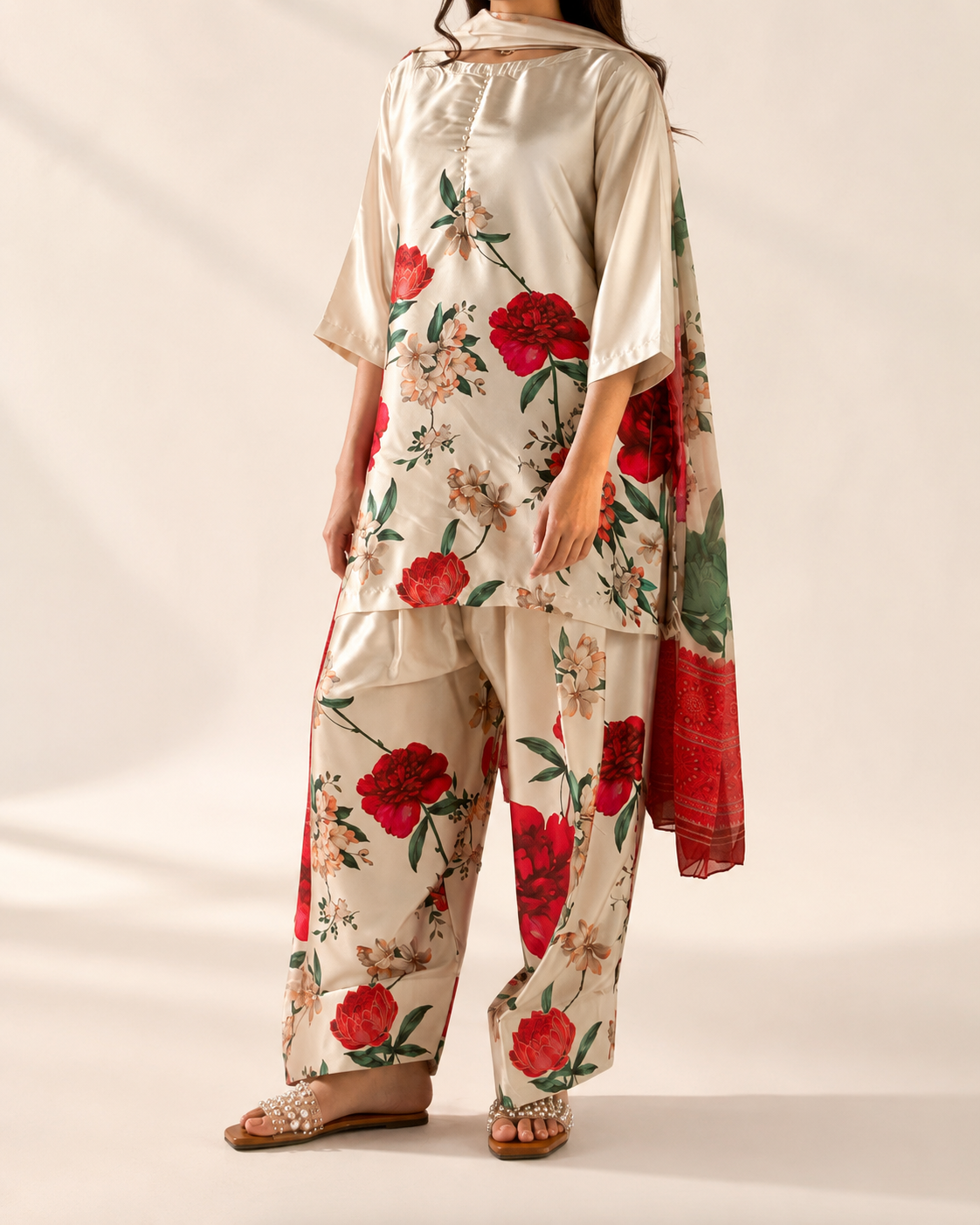 Ivory and red rose printed kameez, shalwar and chiffon dupatta — front styling