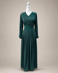 Seraphine embellished maxi gown in emerald green — satin body with chiffon sleeves and beaded floral appliqué