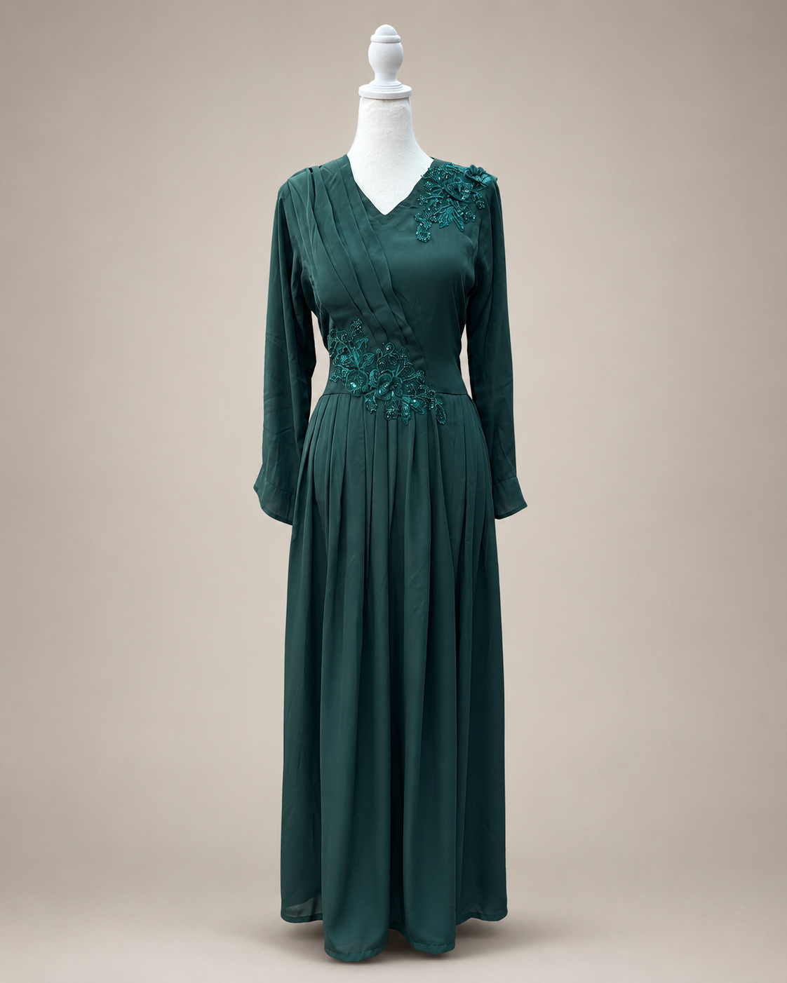 Seraphine embellished maxi gown in emerald green — satin body with chiffon sleeves and beaded floral appliqué