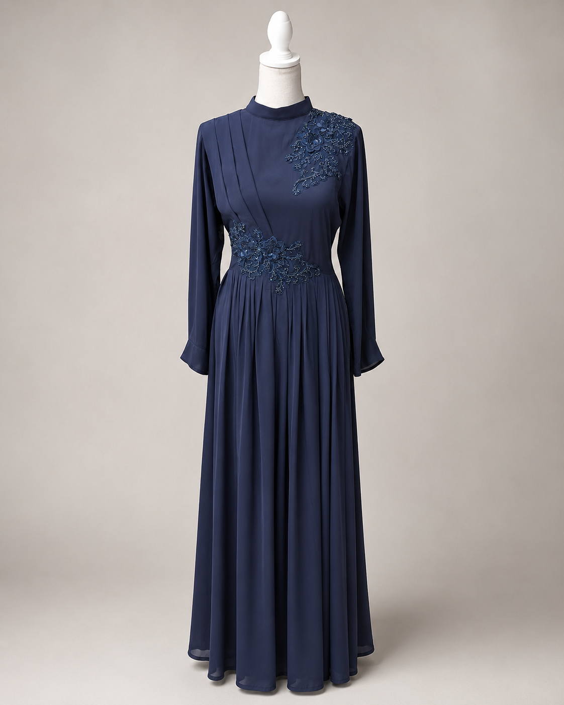 Seraphine embellished maxi gown in navy blue — satin body with chiffon sleeves and beaded floral appliqué