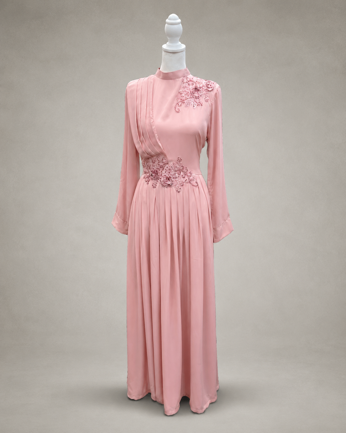 Seraphine embellished maxi gown in rose pink — satin body with chiffon sleeves and beaded floral appliqué