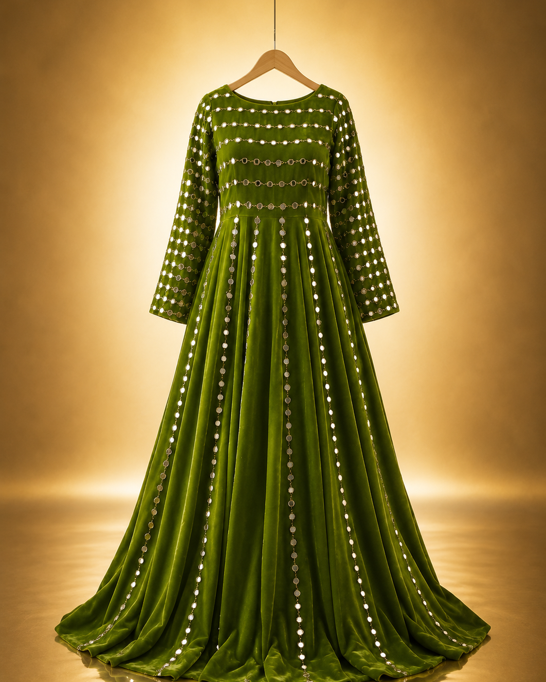 Zohra Mirror-Work Anarkali Gown in apple green with mirror-embellished bodice and vertical mirror panels