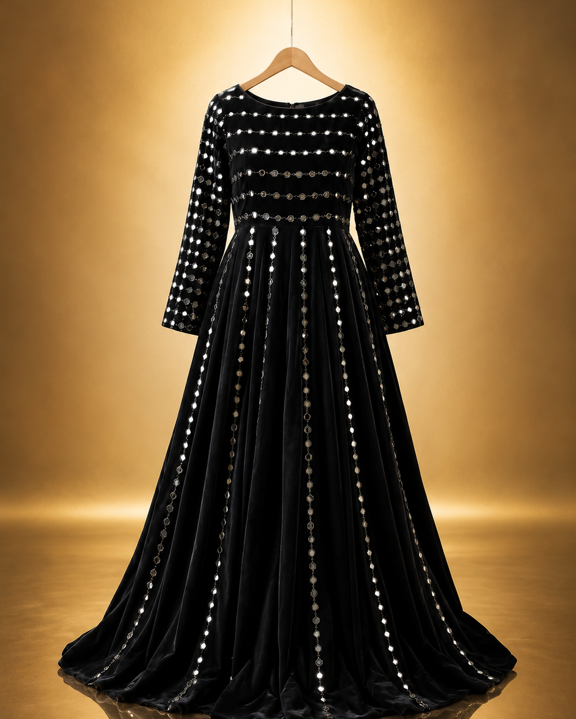 Zohra Mirror-Work Anarkali Gown in black with mirror-embellished bodice and vertical mirror panels