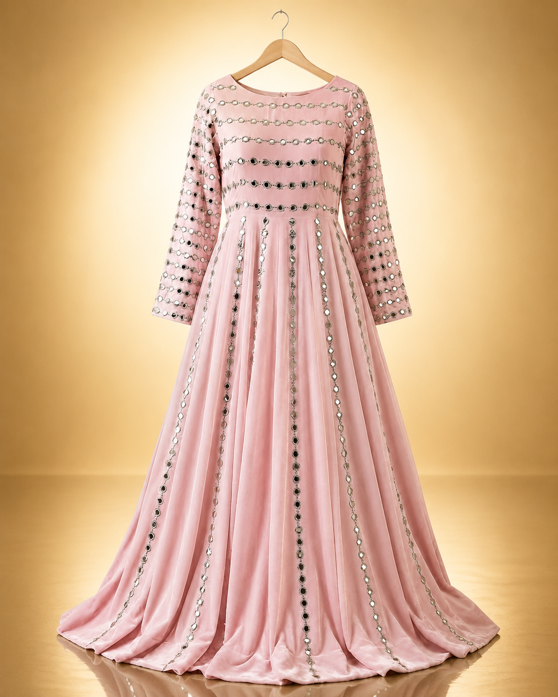 Zohra Mirror-Work Anarkali Gown in blush pink with mirror-embellished bodice and vertical mirror panels