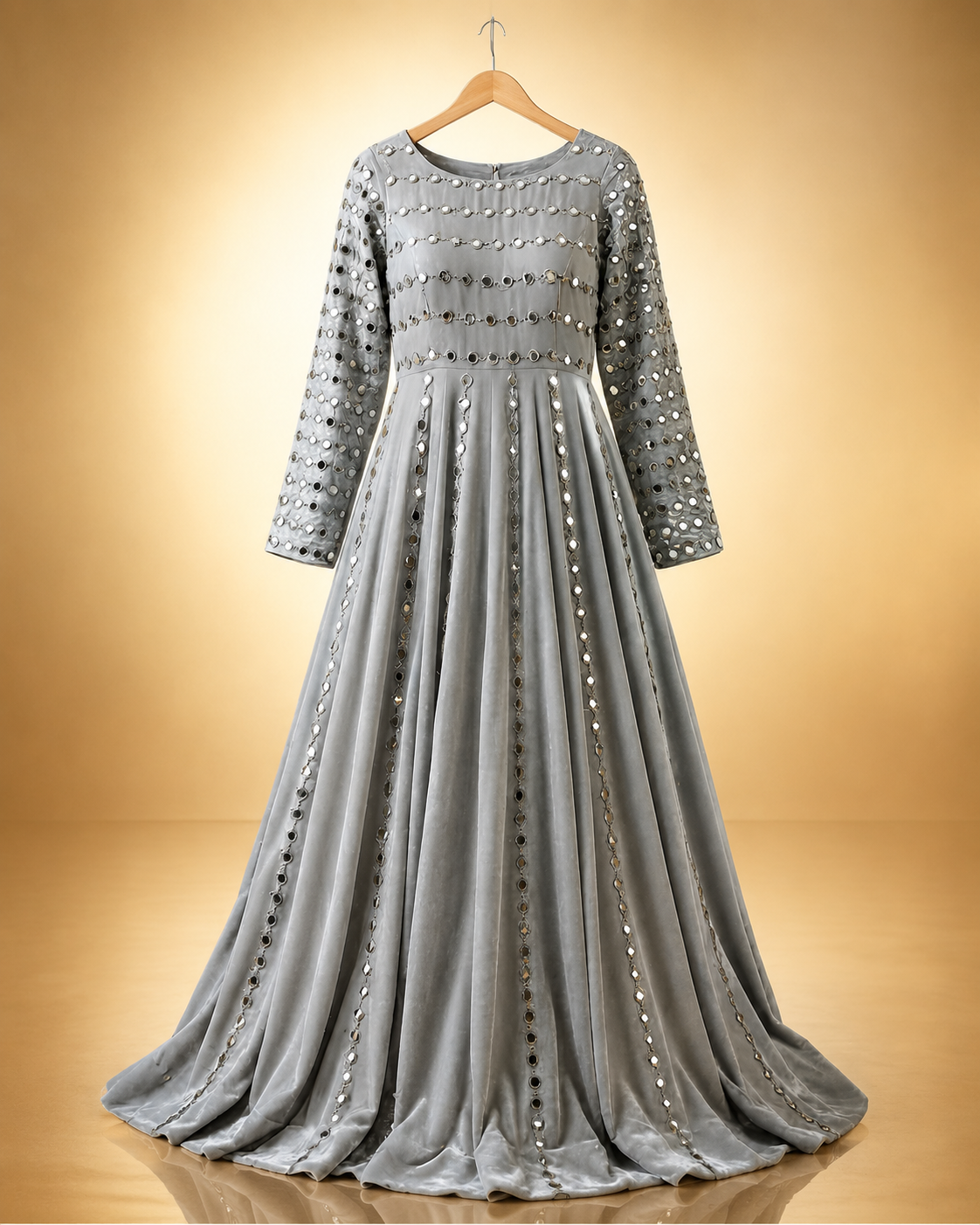 Zohra Mirror-Work Anarkali Gown in grey with mirror-embellished bodice and vertical mirror panels