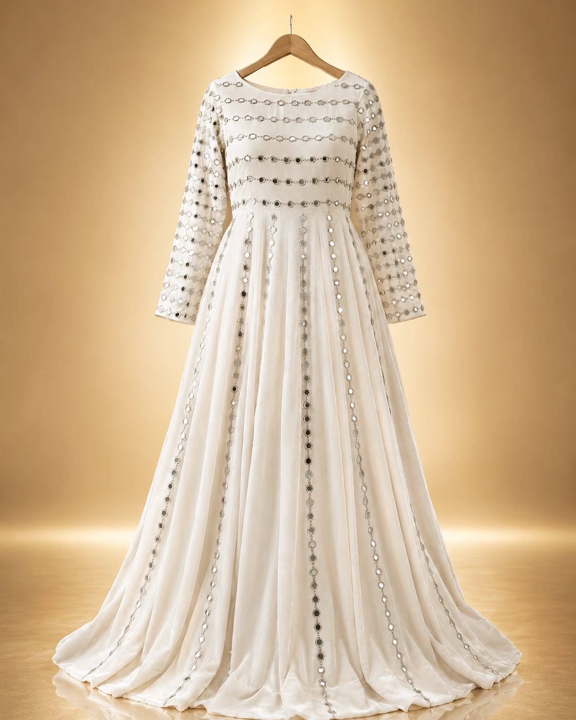 Zohra Mirror-Work Anarkali Gown in ivory with mirror-embellished bodice and vertical mirror panels