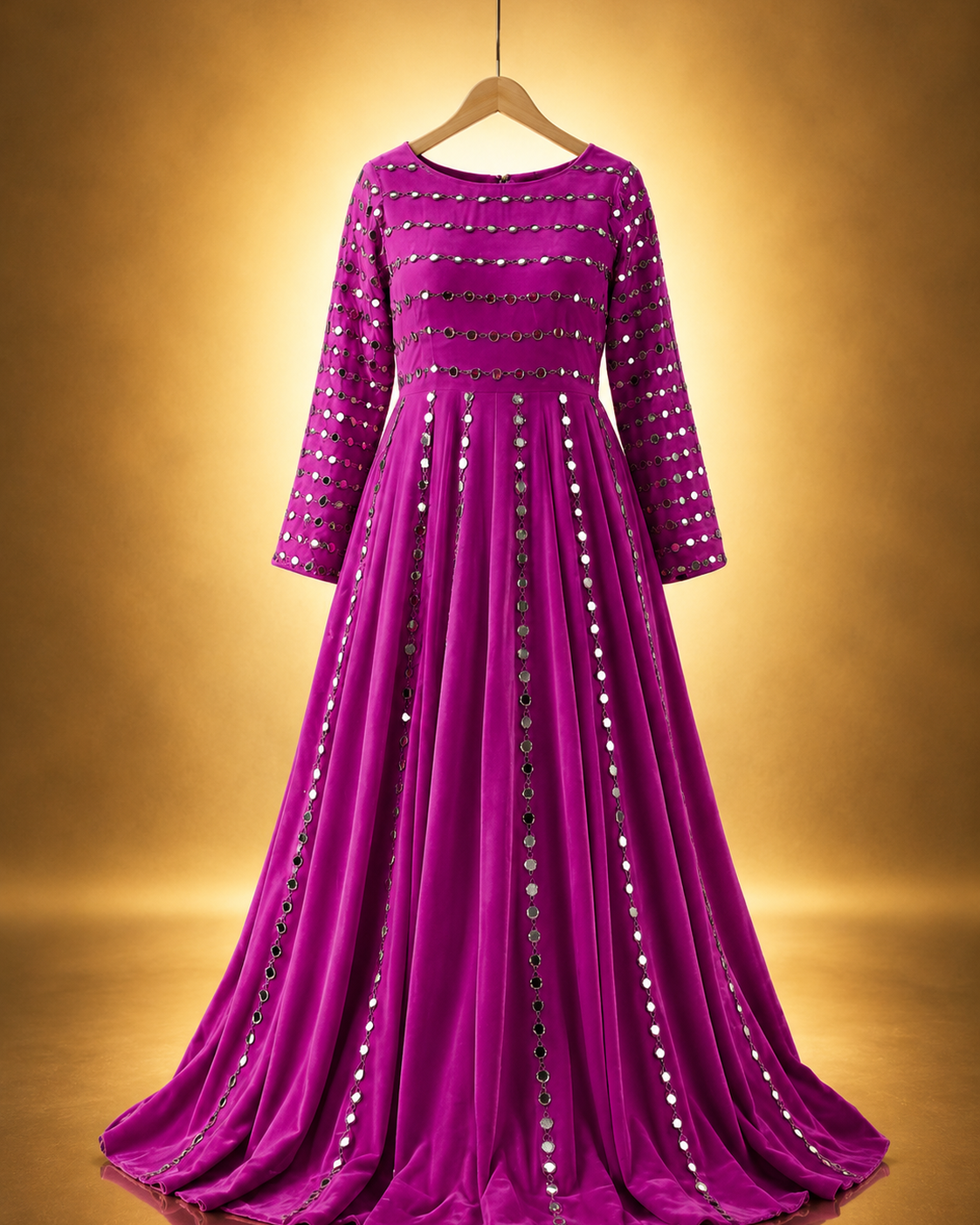 Zohra Mirror-Work Anarkali Gown in magenta with mirror-embellished bodice and vertical mirror panels