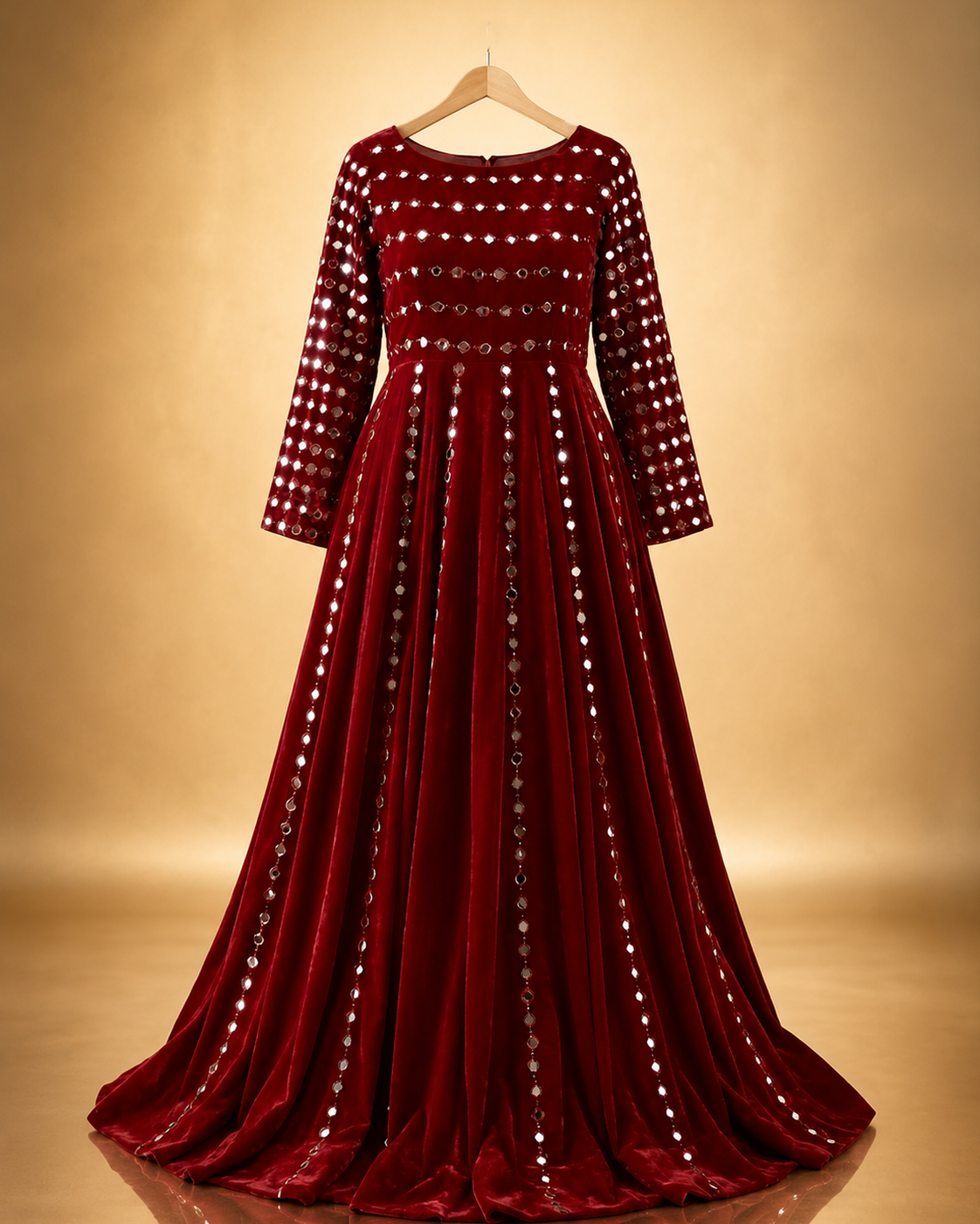 Zohra Mirror-Work Anarkali Gown in maroon with mirror-embellished bodice and vertical mirror panels