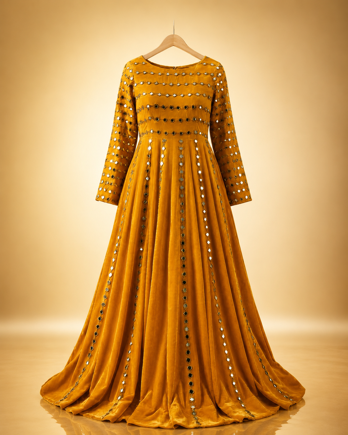 Zohra Mirror-Work Anarkali Gown in mustard with mirror-embellished bodice and vertical mirror panels