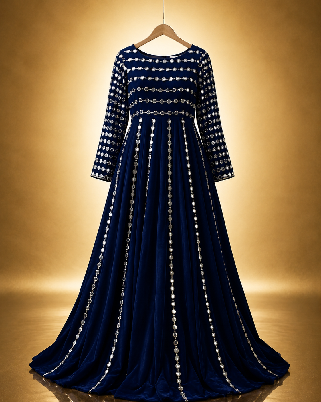 Zohra Mirror-Work Anarkali Gown in navy with mirror-embellished bodice and vertical mirror panels