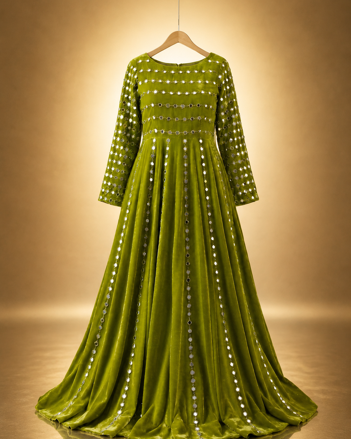 Zohra Mirror-Work Anarkali Gown in olive green with mirror-embellished bodice and vertical mirror panels