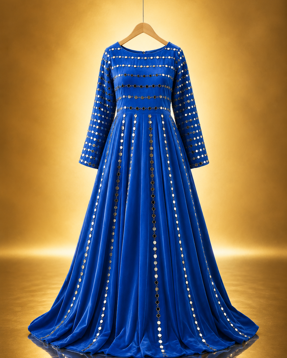 Zohra Mirror-Work Anarkali Gown in royal blue with mirror-embellished bodice and vertical mirror panels