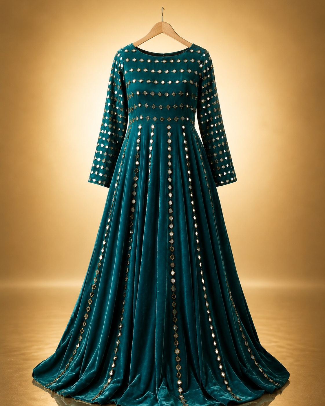 Zohra Mirror-Work Anarkali Gown in teal with mirror-embellished bodice and vertical mirror panels