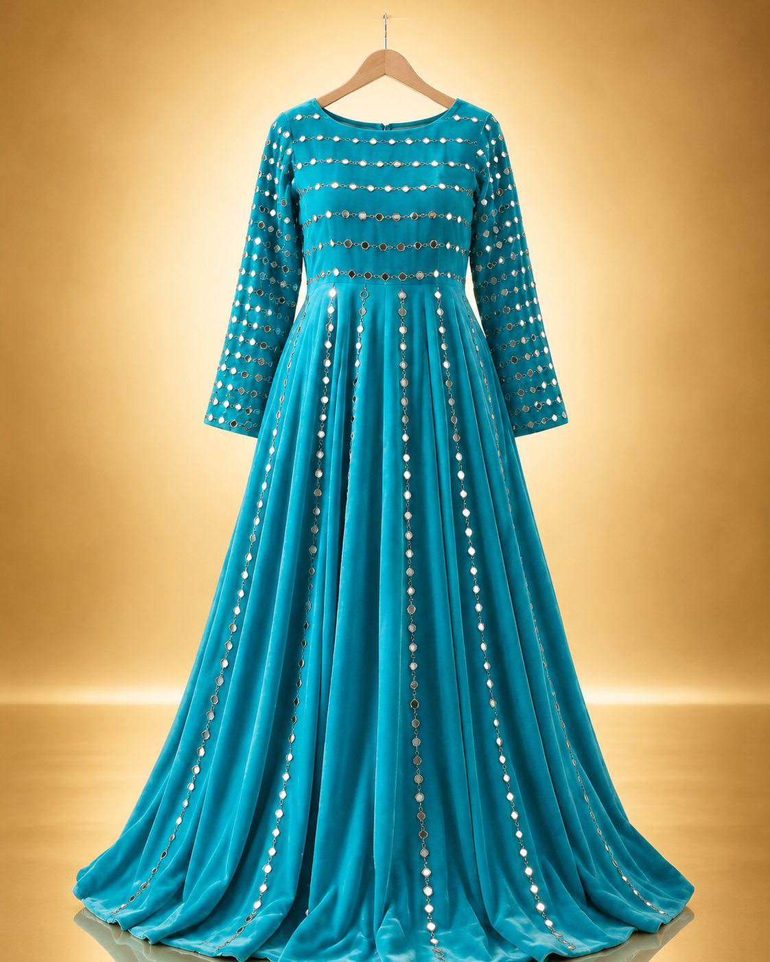 Zohra Mirror-Work Anarkali Gown in turquoise with mirror-embellished bodice and vertical mirror panels